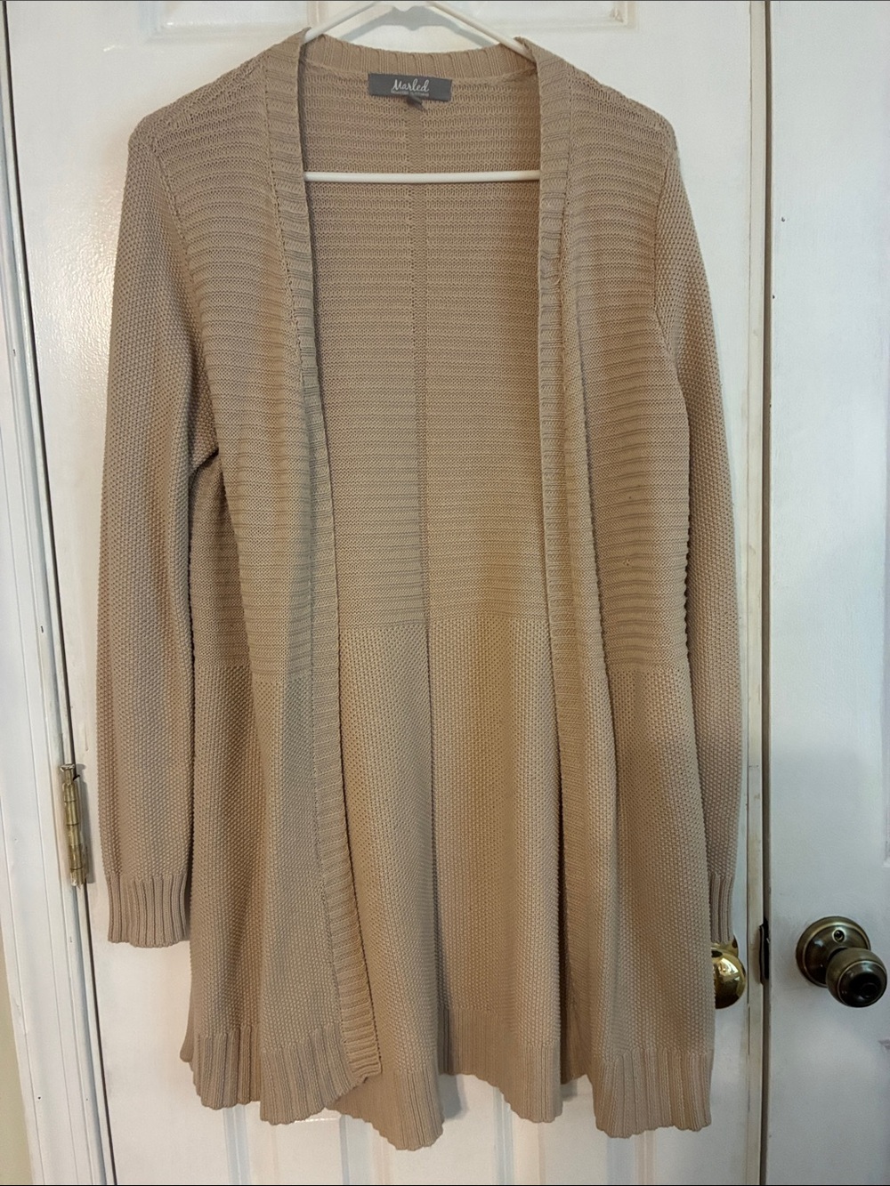 Marled Beige Open-Front Textured Knit Cardigan